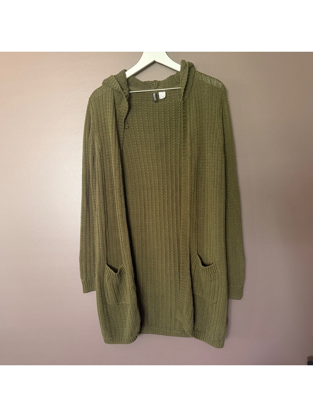 H&M Divided Olive Green Hooded Longline Knit Cardigan Sweater S